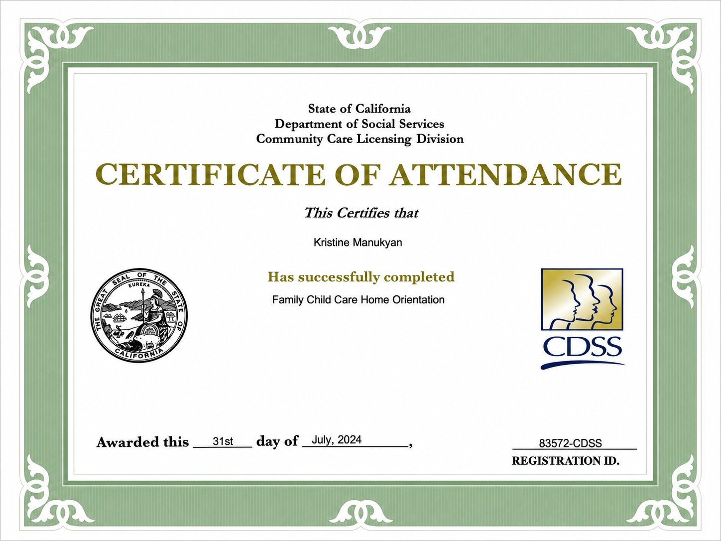 California family child-care home orientation certificate for Kristine Manukyan