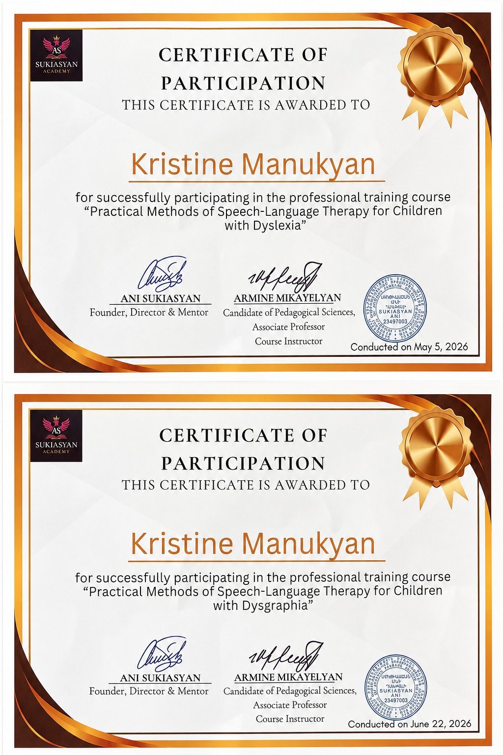 Certificates for professional coursework related to dyslexia and dysgraphia