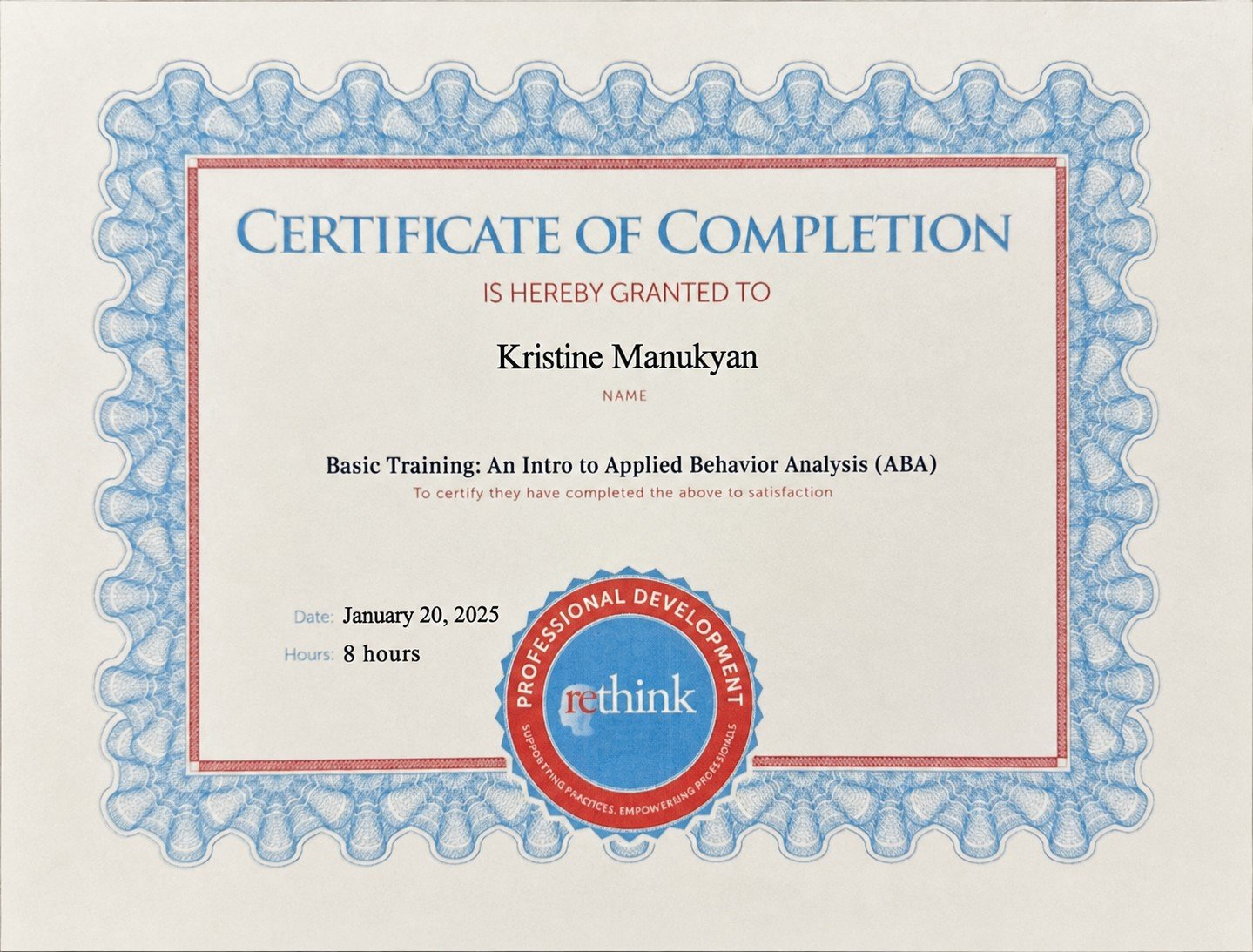 Certificate for introductory Applied Behavior Analysis training completed by Kristine Manukyan