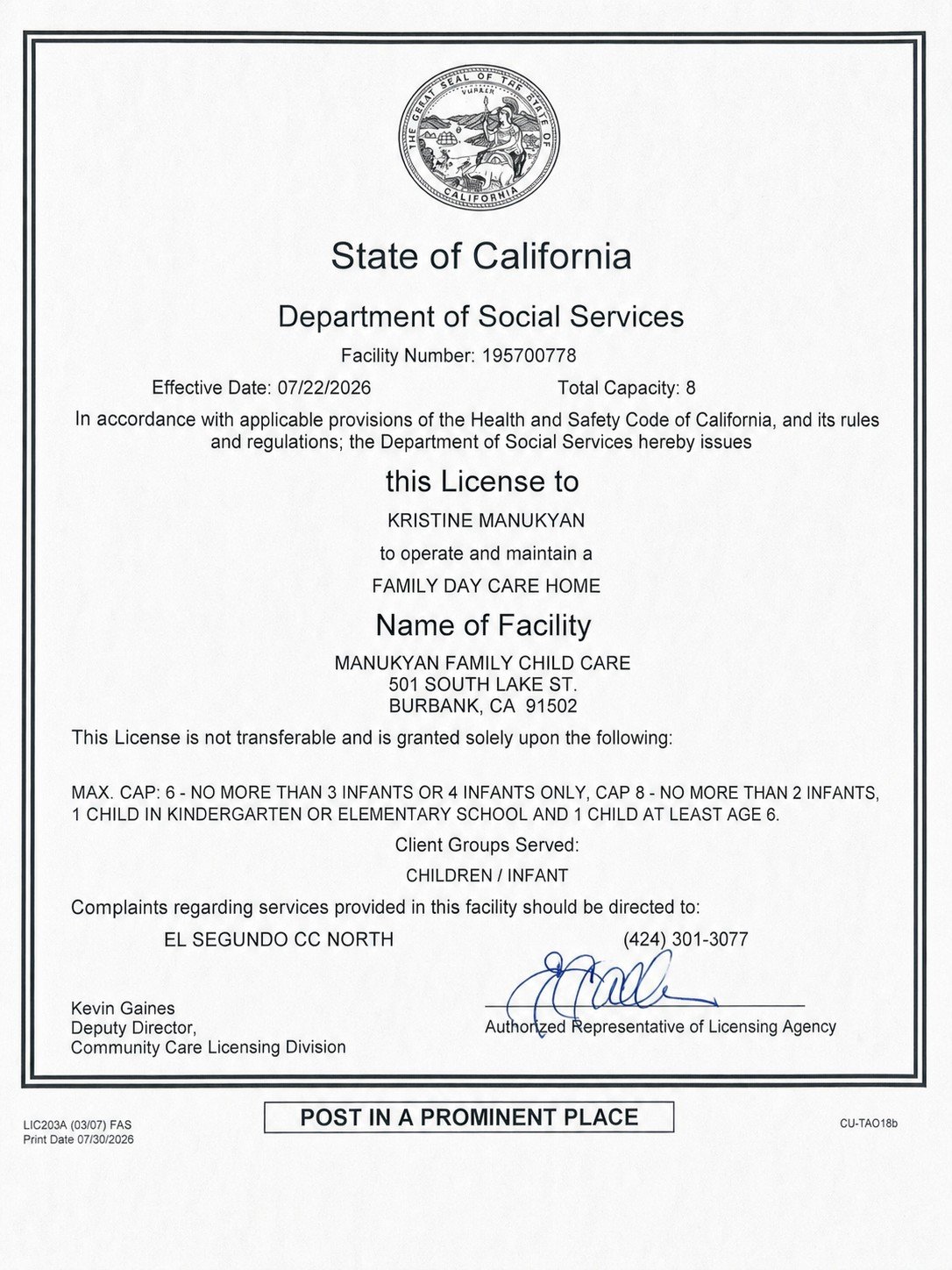 California Department of Social Services family day care home license for Kristine Manukyan